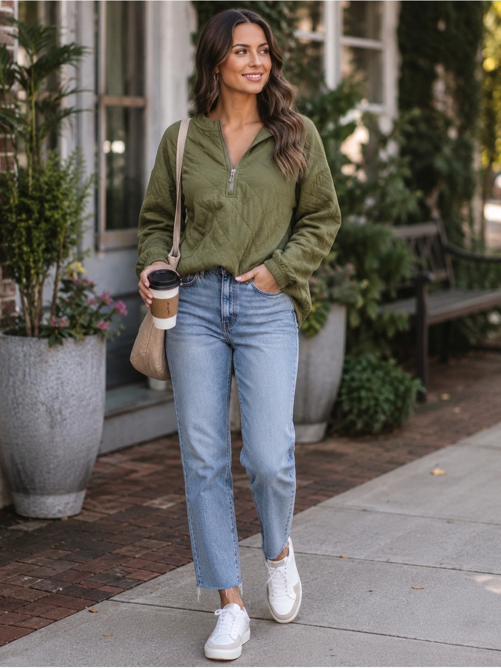 Old navy olive quilted pullover quarter zip sweatshirt cropped shirt army green